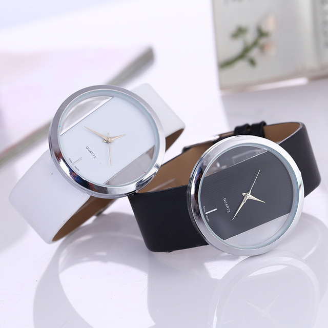 Simple Elegant Quartz Watches Transparent Hollow Design Unisex Leather Band Large Dial Couples Custom Logo Watches