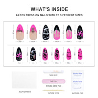 Ongles en gel souple à presser Nailway, forme stiletto rose et noir, design fantôme brillant pour Halloween, couverture complète des ongles