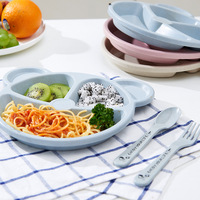 Assiette à compartiments mignonne 3 pièces pour enfants, bols de couleur unie, ensemble de couverts avec fourchette et cuillère, vaisselle à ventouse en matériau de blé