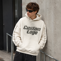 Sweat à capuche unisexe OEM surdimensionné en molleton épais, délavé à l'acide, avec imprimé lettres stencil et manches cloutées, style streetwear