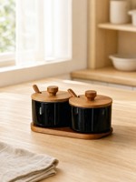 Ensemble de pots à épices en céramique avec couvercle en céramique, cuillère en bois et support, design vintage, accessoires de cuisine imperméables pour la maison