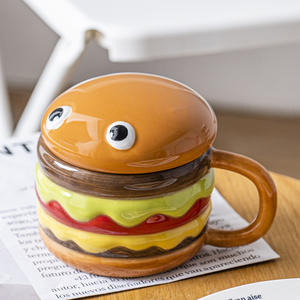 Tasse à hamburger en céramique de grande capacité créative et écologique avec couvercle mignon amusant tasse de petit déjeuner isolée froide et chaude pour la fête pour le lait - Product Image 4