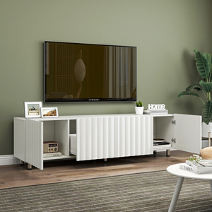 Meuble TV moderne en bois de style mid-century, réglable, pour téléviseurs de 80 pouces, avec portes coulissantes et rangements à tiroirs, pour salon - Product Image 1