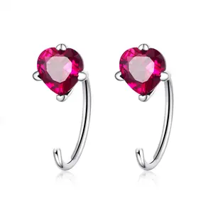 SCE531 Fashion sweet heart ear hook with ruby cz stone stud earrings 925 silver ear clip cuff jewelry for girls women