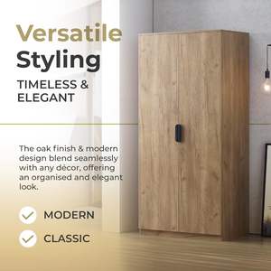 Armoire moderne en bois 2 portes 176X80X52 <span class=keywords><strong>cm</strong></span> avec 1 tringle à vêtements 4 compartiments Aspect chêne - Product Image 4