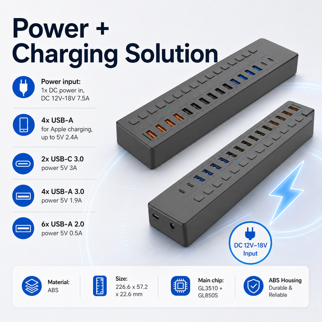 16-in-1 USB 3.0 Hub Multi-Port Splitter with 16 Individual Switches 12V 8A Power Adapter for Phones/Laptops in Stock