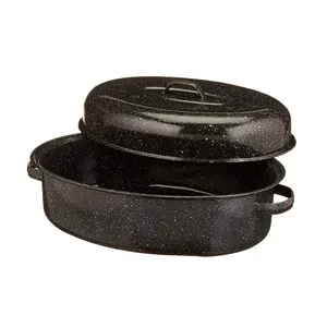 定制彩色印刷金属钢椭圆形烘烤器覆盖火鸡搪瓷锅烤漆锅，带盖