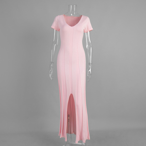 Abito lungo in viscosa casual a maniche corte in maglia, nuovo stile <span class=keywords><strong>Primavera</strong></span>/Estate 2026, scollo a V, spacco, vestibilità slim - Product Image 5