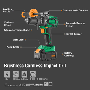 สว่านกระแทกไร้สาย 40V Brushless แรงบิด 150 นิวตันเมตร หัวจับดอกสว่านแบบไม่ใช้กุญแจ ขนาด 13 มม. 2 สปีด 0-2100 รอบต่อนาที 31500 จังหวะต่อนาที พร้อมแบตเตอรี่ 2 ก้อน และเครื่อง<span class=keywords><strong>ชา</strong></span>ร์จ - Product Image 2