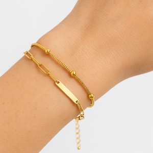 Custom Engraved Link Chain New Arrivals Double Layer 18k <b>Gold</b> Plated Chain <b>Beaded</b> Stainless Steel <b>Bracelets</b> Wholesale for Woman - Product Image 4