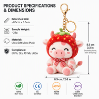 Porte-clés en peluche vache avec chapeau fraise personnalisé ODM, conception de personnage sur mesure, certifié EN71 ASTM pour les cadeaux promotionnels de marque