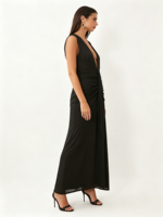 Robe longue sirène noire sans manches pour femme, col en V profond, taille froncée à nouer devant, élégante pour soirée, cocktail ou tenue de soirée moulante