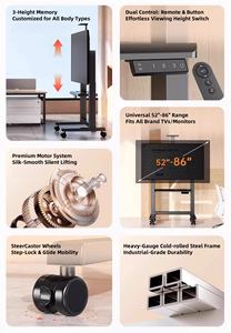 4개의 저소음 휠이 장착된 고하중 금속 모바일 전동 <span class=keywords><strong>TV</strong></span> 리프트 플로어 스탠드 및 수납 선반이 있는 모바일 스틸 <span class=keywords><strong>TV</strong></span> 카트 - Product Image 4