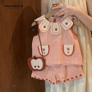 Tongxingyuan Girls Striped Cotton Two Piece Set With Pockets And Apple <b>Bag</b> Summer Outfit For <b>Toddlers</b> - Product Image 2