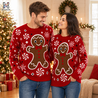 Pull de Noël assorti pour couple motif flocon de neige tourbillonnant rouge et bonhomme en pain d'épices