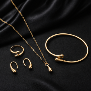 Ensemble de bijoux plaqué or en forme de goutte d'eau, 4 pièces/ensemble, collier, boucles d'oreilles, bagues, bracelet, bijoux de mode pour femmes, cadeau - Product Image 6