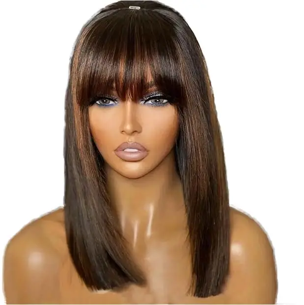 Выделенные коричневые прямые человеческие волосы боб парики для женщин человеческие волосы с челкой