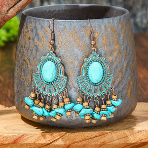 Bohemian <b>Drop</b> Earrings Turquoise Stone Alloy Women's Party Jewelry Tassel Design Antique <b>Bronze</b> Plated - Product Image 1