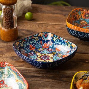 Moroccan Bohemian <b>Ceramic</b> Serving Bowl Square Porcelain Salad <b>Plate</b> Under Glazed Decorative Dish for Home Restaurant - Product Image 3