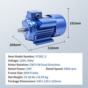 Motor de Hierro Fundido de Servicio Pesado Serie YC de 0.75kw 1HP 3000RPM, Monofásico, Arranque por Condensadores, Inducción - Product Image 6