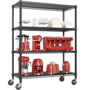 MZG Factory Price Customized Modular Adjustable Matte Black 4-Tier Heavy Duty Metal Wire <b>Storage</b> Rack Shelves <b>Unit</b> with Wheels - Product Image 1