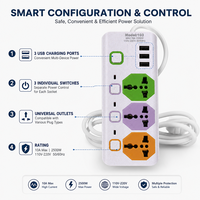 Multiprise universelle 3 prises CA avec 3 ports USB et interrupteurs séparés pour maison, bureau, chambre, dortoir, salon