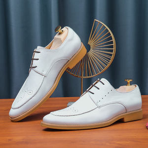 Derbies d'affaires décontractés en cuir pour hommes, blanc, automne, mariage, à lacets, bout pointu, en cuir véritable, respirant, britannique, sculpté - Product Image 2