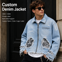 Fabricant de vestes sur mesure, veste en denim bleu clair délavé pour homme, ourlet brut, imprimé graphique, fermeture éclair, streetwear urbain