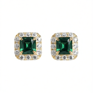 Pendientes de Diamantes con Corte Esmeralda en Oro E2523 con Piedra Central Verde Oscuro de Fantasía, Estilo Clásico para Mujer - Product Image 1