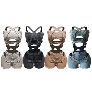 Conjunto de Dos Piezas para Mujer, Traje Deportivo Sexy de Mezclilla, Top Corto sin Mangas con Aberturas, Pantalones Cortos de Cintura Media, Conjunto Casual de 2 Piezas - Product Image 1