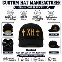 Casquette de baseball noire de luxe avec broderie personnalisée croix et couronne dorées, fabricant OEM, casquette snapback de haute qualité avec fil doré