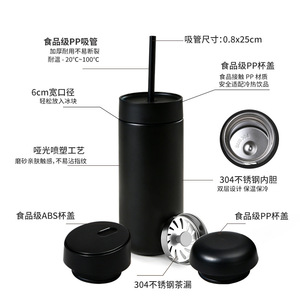 Gobelet isotherme en acier inoxydable 304, 450 ml, double paroi, avec trois couvercles, paille intégrée, portable, pour les voyages en extérieur, idéal comme cadeau - Product Image 4
