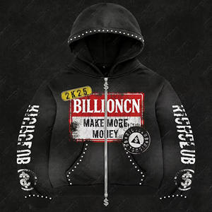 Sudadera con Capucha de Invierno Extra Grande para Hombre, Estilo Vintage, Lavado Ácido, Felpa Gruesa, Impermeable, Resistente al Viento, Bordada, con Piedras Preciosas, Personalizada por el Fabricante - Product Image 2