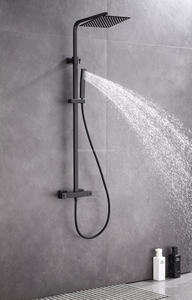 Sistema de ducha de temperatura constante de exposición negra mate <span class=keywords><strong>Grifo</strong></span> Mezclador multifuncional de lluvia <span class=keywords><strong>Bañera</strong></span> <span class=keywords><strong>Altura</strong></span> superior ajustable. - Product Image 4