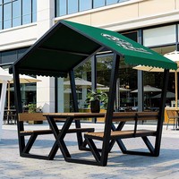 Banc d'extérieur moderne et minimaliste avec auvent, table et chaises intégrées pour cafés, salons de thé et rues commerciales