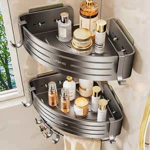 Lteng Bathroom Corner Shelf Suction Mounted Triangular Storage Rack With Towel Bar For Toilet Wall Mounting - Product Image 1