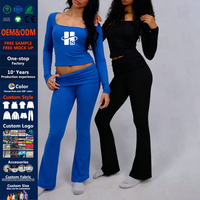 Ensemble de yoga ajusté personnalisé pour femmes, hauts en coton et élasthanne 250g, pantalon évasé, deux pièces, tenue de sport brodée pour la gym