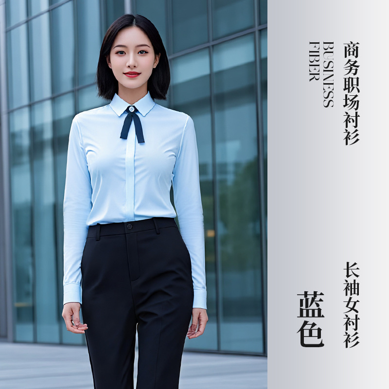 Women's blue long-sleeved shirt with bow tie