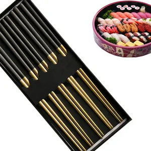 5 Pairs 18 8 Metal black Gold sushi Square Chopstix gift set Chopsticks Reusable Stainless Steel