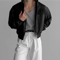 Blouson Bomber Noir en PU pour Homme, Col Montant, Fermeture Éclair, Vêtement d'Extérieur Décontracté, Coupe Droite, Motif Géométrique, Respirant, 100% Coton