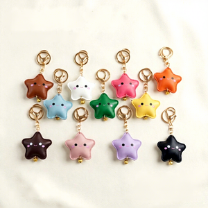 Healing PU Leather Round Star Pendant Cute Expression Carabiner <b>Keychain</b> Durable Eco-Friendly Bag Decoration - Product Image 1