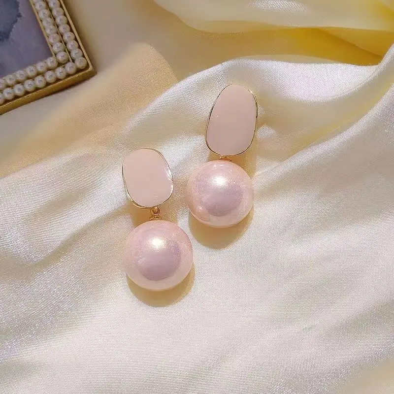 Pink Big Pearl Earring Elegant Socialite Style Korean Celebrity Personality Earring