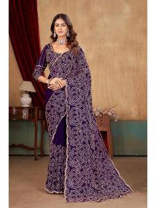 Sari élégant en satin Fandy brodé, orné de perles de luxe et d'un chemisier de créateur fait main inclus, idéal pour les mariages, réceptions et fêtes. - Product Image 1