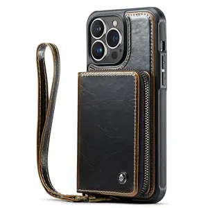 防震手腕斜跨皮革钱包男士手机套，带拉链卡座，适用于Iphone 14 13 12 11 Pro Max三星S21 S22