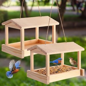 ที่ให้อาหารนกไม้ 25x17x17 ซม. แบบแขวนสำหรับสวนกลางแจ้ง สีไม้ธรรมชาติ ความจุ 3.4 ลิตร - Product Image 1