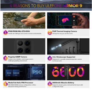 โทรศัพท์มือถือ <span class=keywords><strong>Ulefone</strong></span> <span class=keywords><strong>Armor</strong></span> 9 รุ่นทนทาน กล้องถ่ายภาพความร้อน ระบบปฏิบัติการ Android 10 สมาร์ทโฟน 4G ชิปประมวลผล Helio P90 Octa-core หน่วยความจำ 8GB+128GB  หน้าจอ 6.3 นิ้ว แบตเตอรี่ 6600mAh กล้อง 64MP - Product Image 4