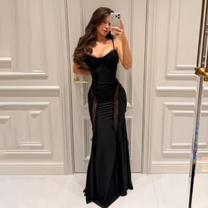 Robe sexy à taille haute, col en V, épaules dénudées, avec dentelle et découpes, bretelles fines, pour femmes - Product Image 1