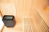 2-6 orang mewah desain Modern kayu Solid Sauna dengan batu Backwall pemanas listrik 220v Panel kontrol komputer