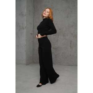ชุดเสื้อสเวตเตอร์ถักนิตติ้งสำหรับผู้หญิง ดีไซน์หรูหรา สีดำ เสื้อครอปท็อป กางเกงขายาวทรงตรง แขนยาว ผ้าริบ ทรงพอดีตัว ชุดแฟชั่นสำหรับใส่ลำลอง - Product Image 3