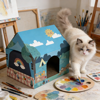 Nid de conte de fées pour chats en carton avec illustrations de soleil et de nuages, solution unique pour gratter, se cacher et jouer
